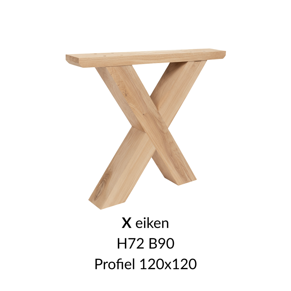 Eiken onderstel X  - 72cm hoog - 90cm breed. Profiel 120x120mm