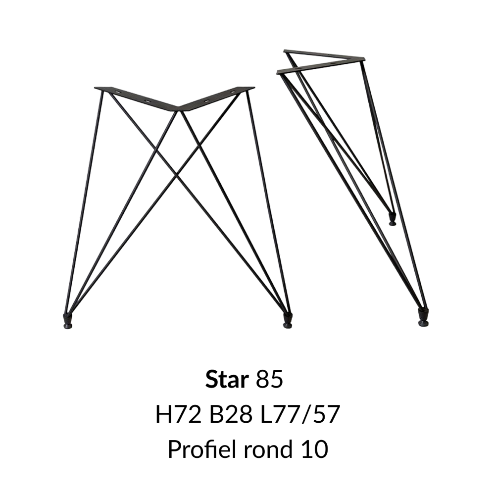 Metalen onderstel Star zwart RAL9005 - 28x77cm breed. Profiel Ø10mm set 2 stuks