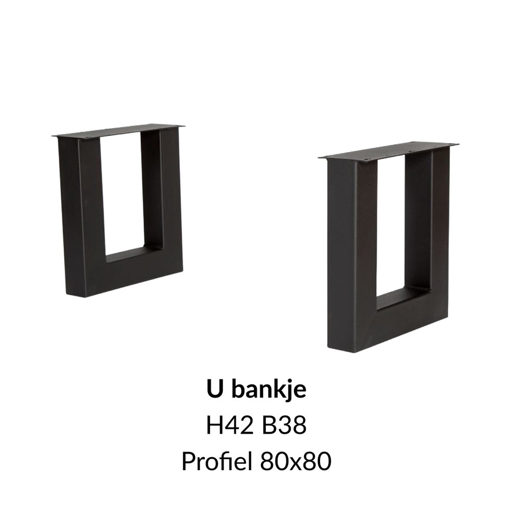 Metalen onderstel U bankje zwart RAL9005 - 38cm breed. Profiel 80x80mm