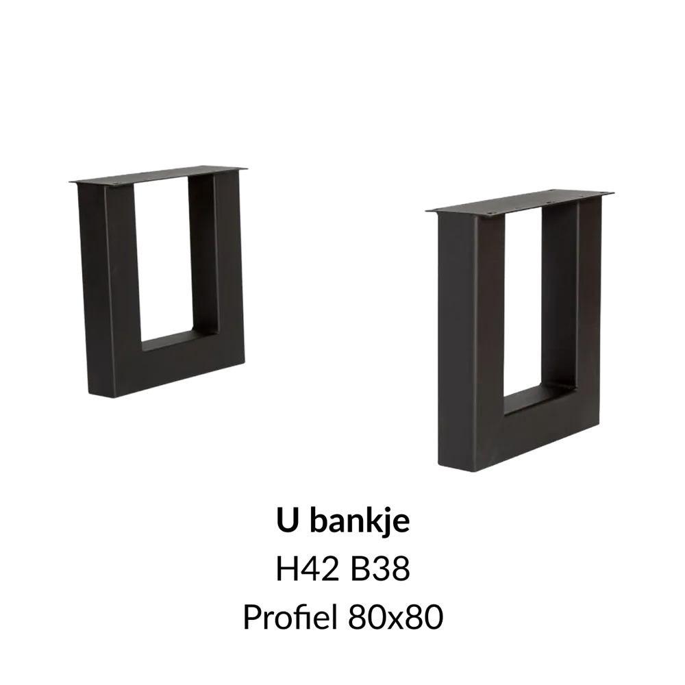 Metalen onderstel U bankje zwart RAL9005 - 38cm breed. Profiel 80x80mm