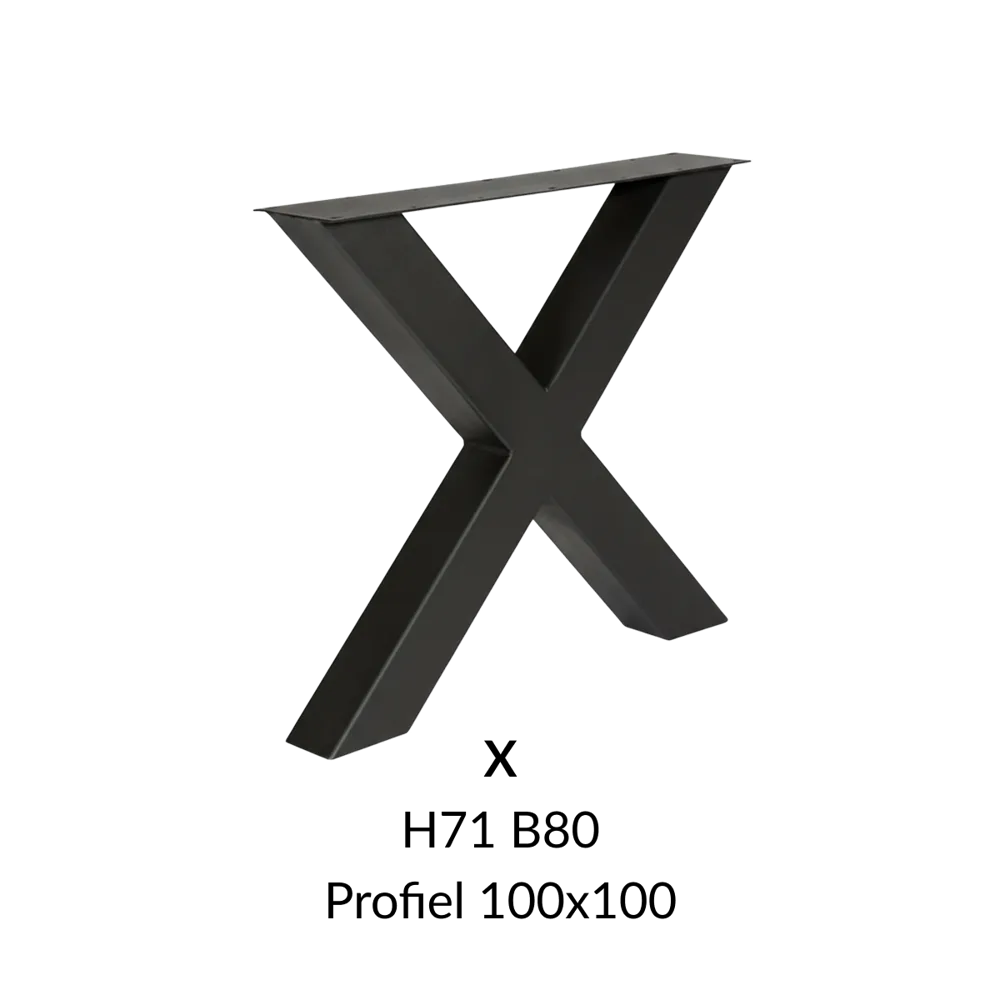 Metalen onderstel X zwart RAL9005 - 80cm breed. Profiel 100x100mm