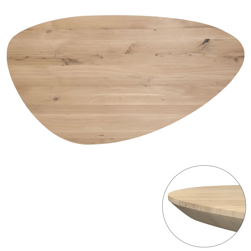 Tafelblad rustiek eiken kiezel ovaal facet kant ronding rechts 40mm 2600x1300 onbehandeld