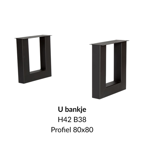 Metalen onderstel U bankje zwart RAL9005 - 38cm breed. Profiel 80x80mm