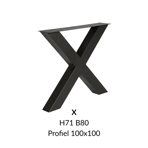 Metalen onderstel X zwart RAL9005 - 71cm hoog - 80cm breed. Profiel 100x100mm