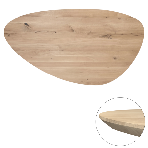 Tafelblad rustiek eiken kiezel ovaal facet kant ronding links 40mm 2800x1350 onbehandeld