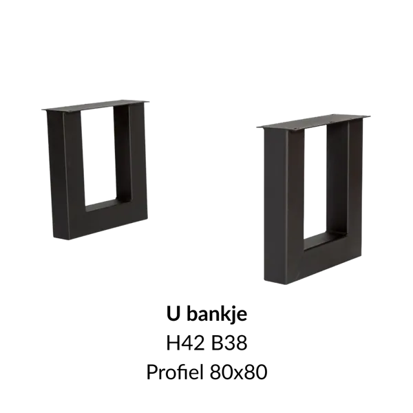 Metalen onderstel U bankje zwart RAL9005 - 38cm breed. Profiel 80x80mm