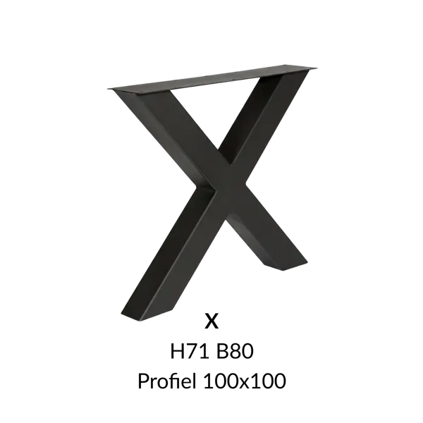 Metalen onderstel X zwart RAL9005 - 80cm breed. Profiel 100x100mm